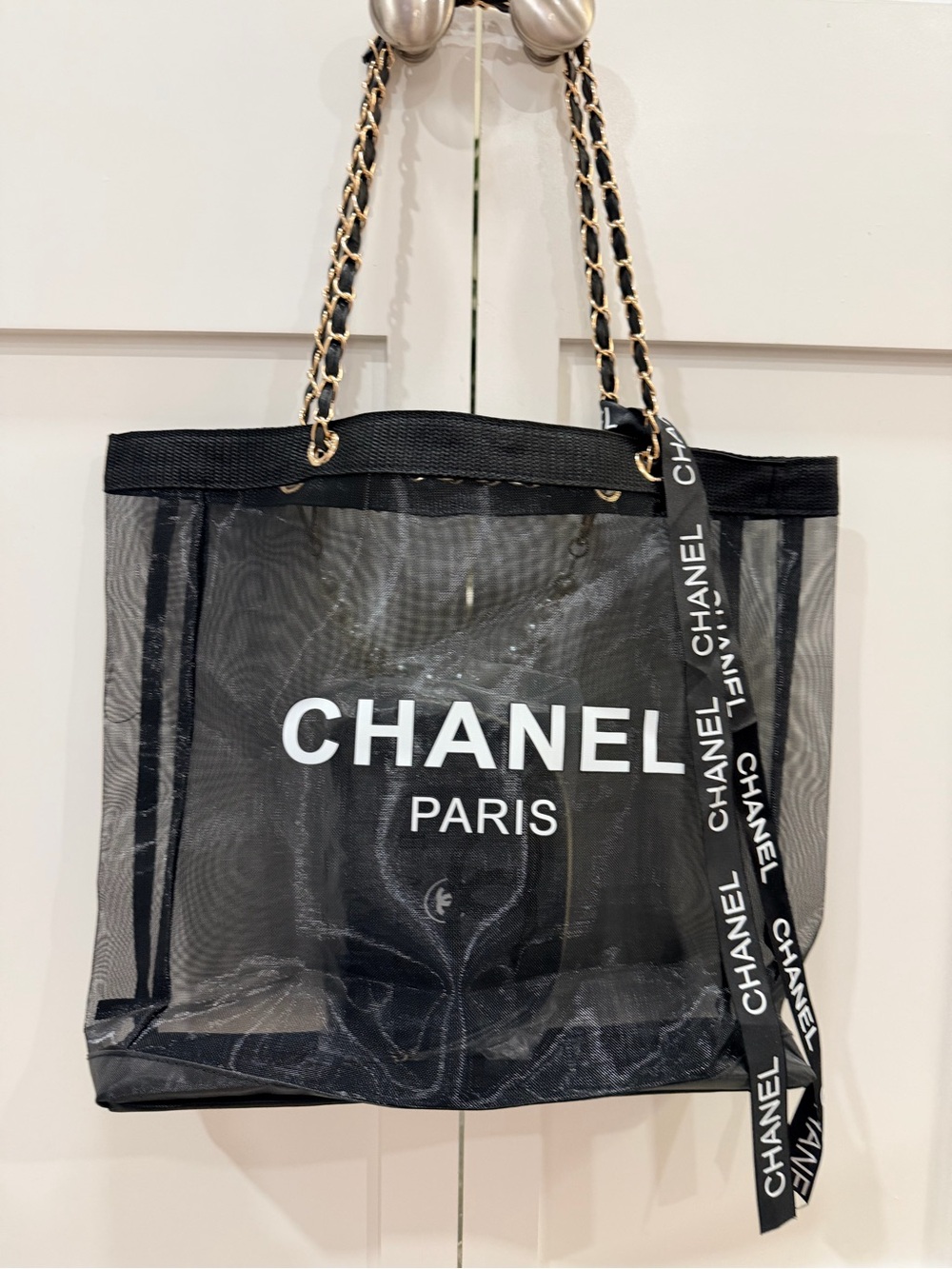 Chanel Beaute Black Mesh Tote with Pearl Chain and Cosmetic Pouch - New - Picture 7 of 10